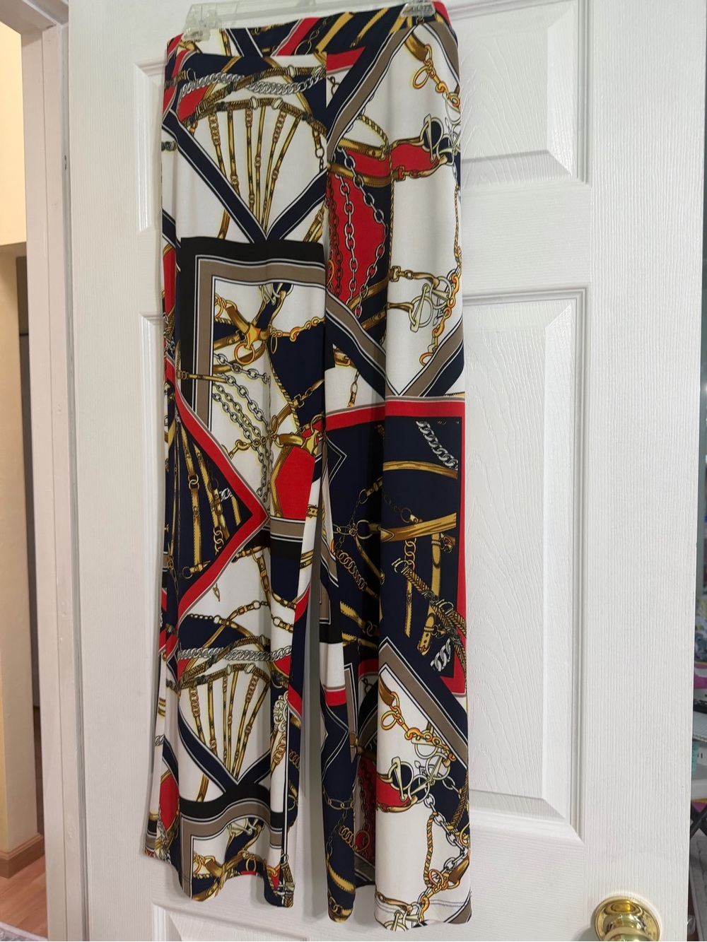 Boston Proper Navy, Red & White Wide-Leg Pants with Gold Chain Print